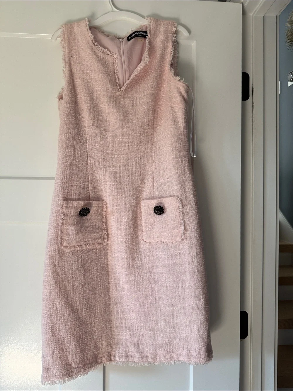 Karl Lagerfeld Pale Pink Tweed Shift Dress with Pocket Buttons